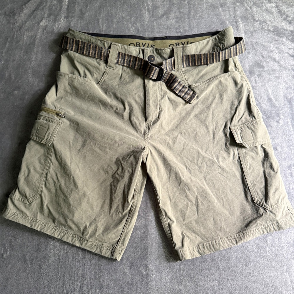 Orvis Mens Cargo Shorts Size 32 Sage Green Tech Utility Hiking Belted‎